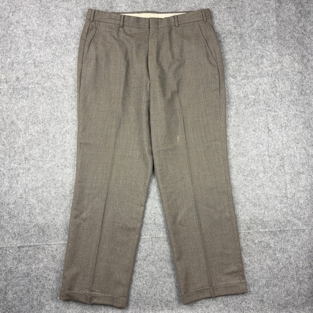 VTG LL Bean Pants Mens 36 Taupe Brown Worsted Wool Pleated Cuffed Dress Trousers